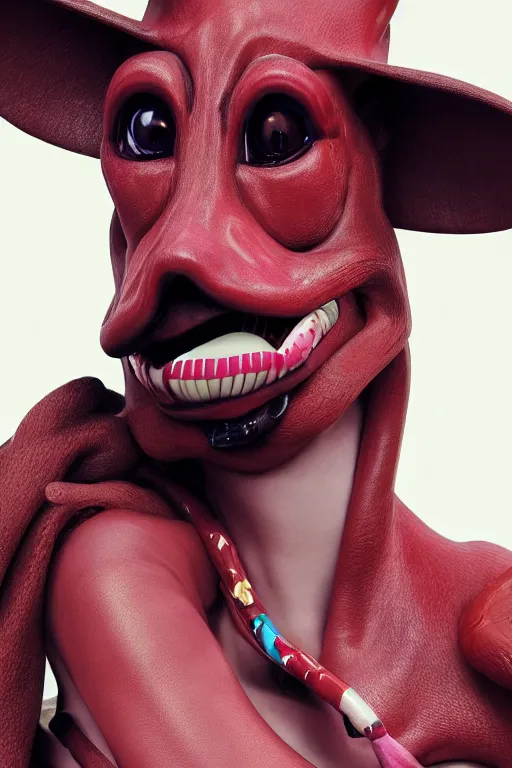 Image similar to comme des garcons campaign featuring jar jar binks as a female cowgirl, long eyeslashes, huge juicy lips, big seductive eyes, unprocessed colors, # nofilter, realistic vfx simulation