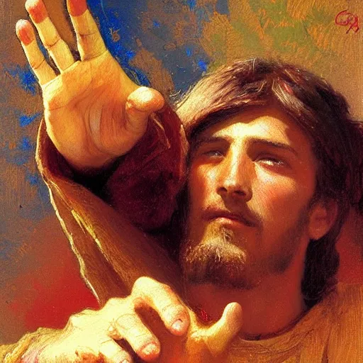 Prompt: Jesus doing the crip hand sign, painting by Gaston Bussiere, Craig Mullins