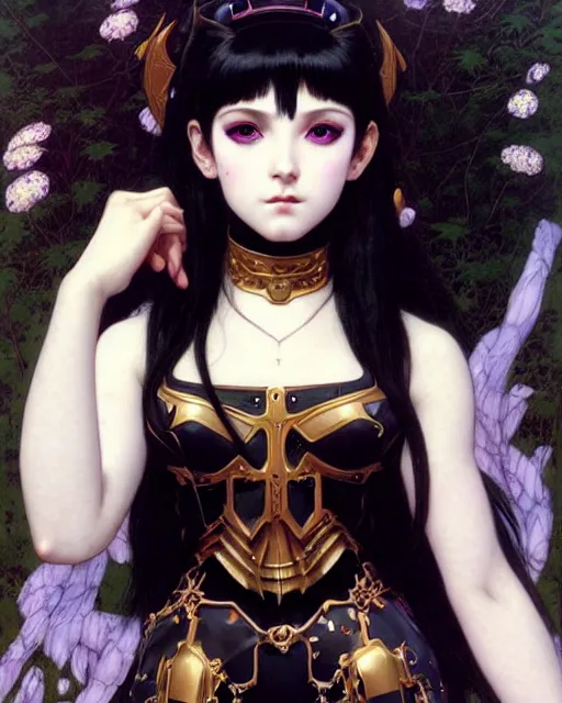 Image similar to portrait of beautiful goth e - girl cosplay with black hair in warhammer armor, white background, art by ( ( ( kuvshinov ilya ) ) ) and wayne barlowe and gustav klimt and artgerm and wlop and william - adolphe bouguereau