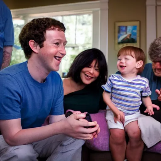 Prompt: baby mark zuckerberg and john mayer playing nintendo with their parents and their best friends look on. 3 k, depth of field, bokeh