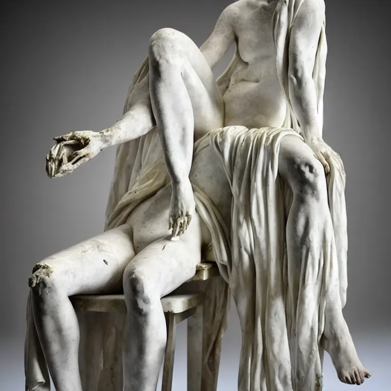 Image similar to a sculpture of a person sitting on top of a chair, a white marble sculpture by nicola samori, behance, neo - expressionism, marble sculpture, apocalypse art, made of mist