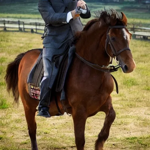 Image similar to saul goodman riding a horse while holding a sword, photograph, high rated, realistic, award winning