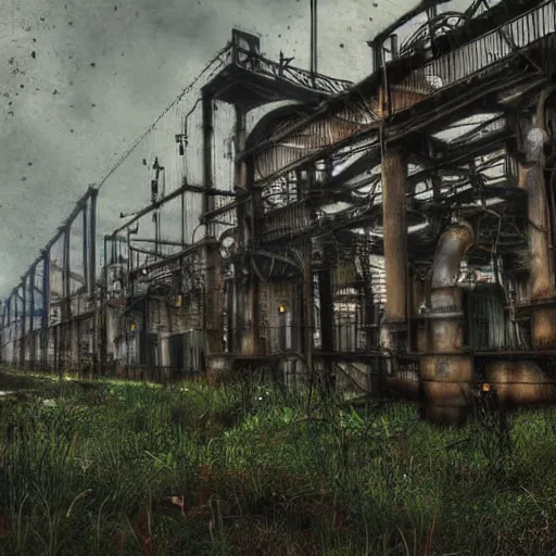 Image similar to hyper-industrial steam punk abandoned city photo overgrown taken at dusk, realistic painting, sad themed