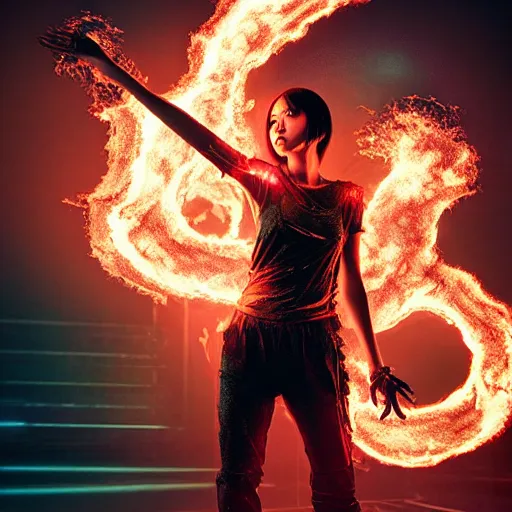 Image similar to a girl like yoona, casting fire spell, background cyberpunk spaceship, full shot, photo, geometries, Fibonacci volumetric lighting, epic composition, intricate details, dark neon punk, by denis villeneuve