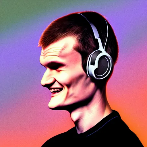 Image similar to vitalik buterin in big headphones with closed eyes listens to music and smiles, wayne barlow, bao pham, donato giancola, larry elmore, masterpiece, trending on artstation, featured on pixiv, cinematic composition, beautiful lighting, sharp, details, hyper - detailed, hdr, 4 k, 8 k