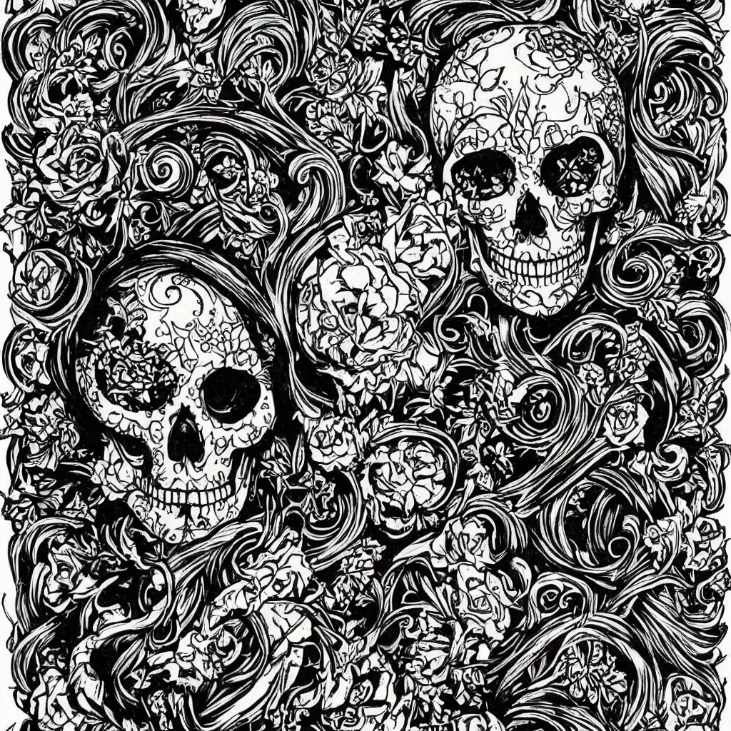 Prompt: art nouveau day of the dead skull, acid