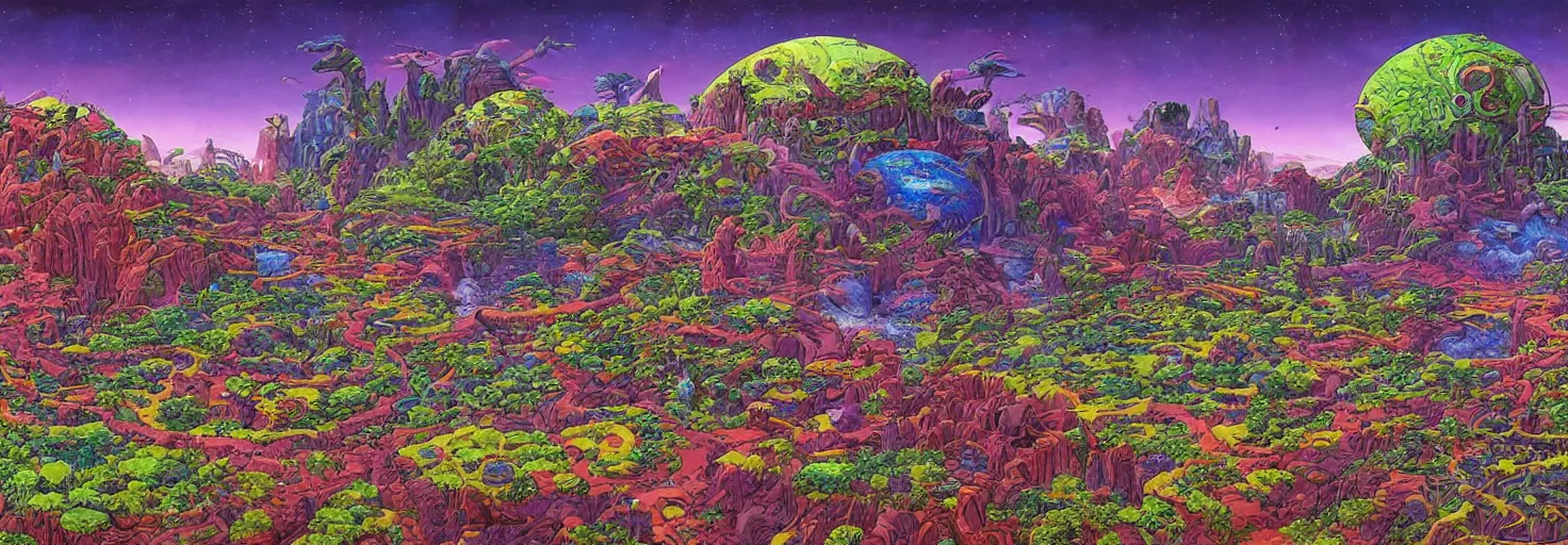 Image similar to beautiful landscape mural of an alien planet, lush landscape, vivid colors, intricate, highly detailed, masterful, fantasy world, in the style of moebius, akira toriyama, jean giraud