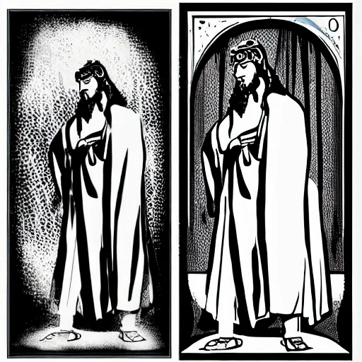 Image similar to white background. Man in Biblical clothing in the style of a black and white 1940s disney character reference sheet, ink outlines.