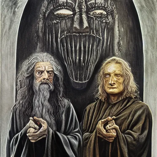 Image similar to gandalf ( left ) and frodo, by h. r. giger. painting, oil on canvas