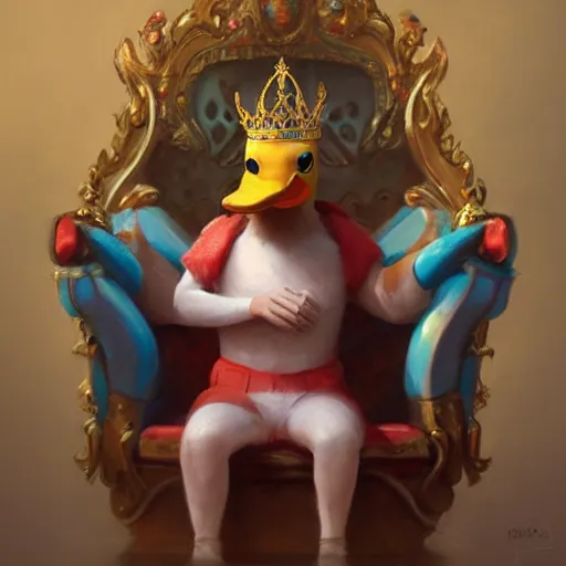 Image similar to A duck wearing a crown, snide expression on his face, sitting on a throne, digital art, artstation, Mandy Jurgens, CGSociety, WLOP