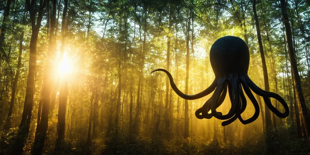 Image similar to a highly detailed giant black octopus god floating in the middle of a forest, beautiful ambient light, sun rays hitting the slightly transparent creature, golden hour, 8k photography