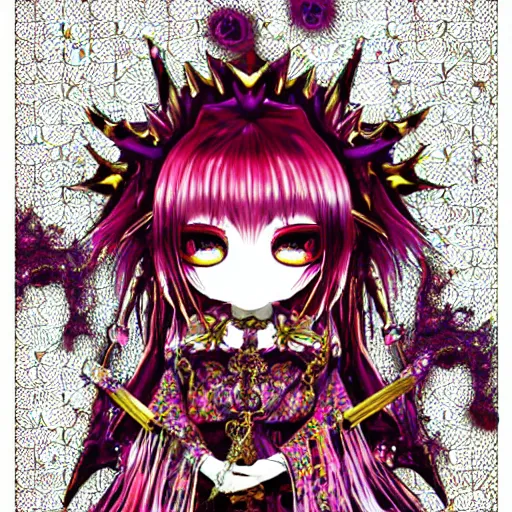 Image similar to baroque bedazzled gothic royalty frames surrounding a pixelsort emo demonic horrorcore japanese yokai doll, low quality sharpened graphics, remastered chromatic aberration spiked korean bloodmoon sigil stars draincore, gothic demon hellfire hexed witchcore aesthetic, dark vhs gothic hearts, neon glyphs spiked with red maroon glitter breakcore art by guro manga artist Shintaro Kago