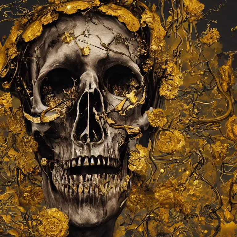 Image similar to A beautiful oil painting hyperrealism of a decayed black skeleton head, rotting black clay skin, bones, close up, gold flowers, gold floral headdress, 8k resolution, octane render, Trending on artstation, by Gediminas Pranckevicius, volumetric light 2blue fractal Thunder glow by dan mumford, anaglyph effect, Laurie Lipton