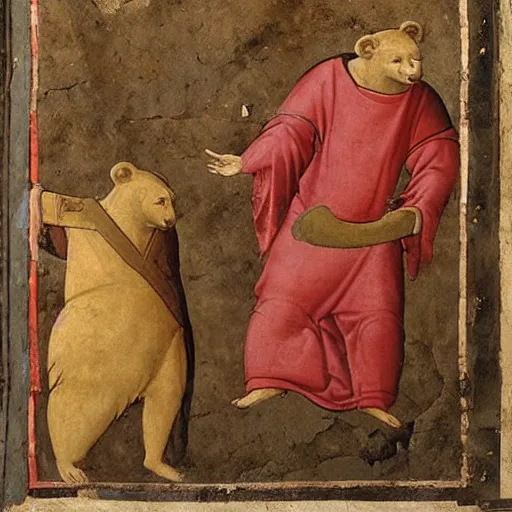 Prompt: Two bears wearing red robes arguing about how to send an email, medieval fresco