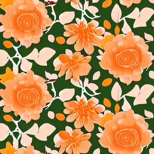 Prompt: repeating fabric pattern, minimalistic, miniature tiny orange and peach color flowers, green and brown vines and leaves, in the style of Bonnie Christine