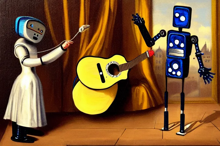 Image similar to a guitar player as a robot performing for a crowd in victorian era london, painting