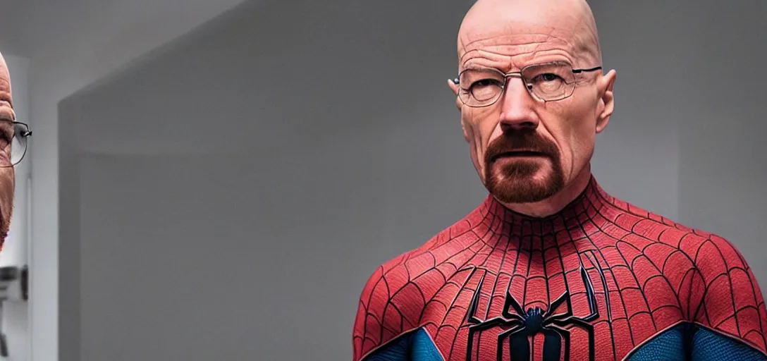 Image similar to Walter White as Spider-Man, film still, wide-shot, full shot, cinematic lens, heroic portrait