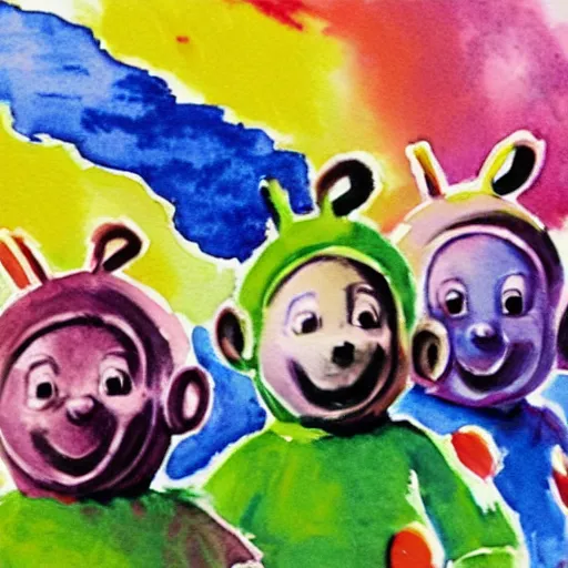 Image similar to water colour painting of teletubbies with machine guns ,