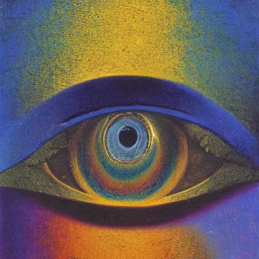 Prompt: an eye filled with a rainbow reflection as it's imbued with divine creative power, allowing it to see its inner self for the first time, painted by max ernst. this self reflection is eternal, and the sands of time ebb and flow