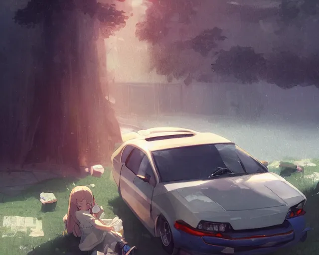 Prompt: a brunnete girl with blue eyes and puffy cheeks lying in a car accident, long shot from the top, anime art, Greg Rutkowski, studio ghibli, dramatic lighting