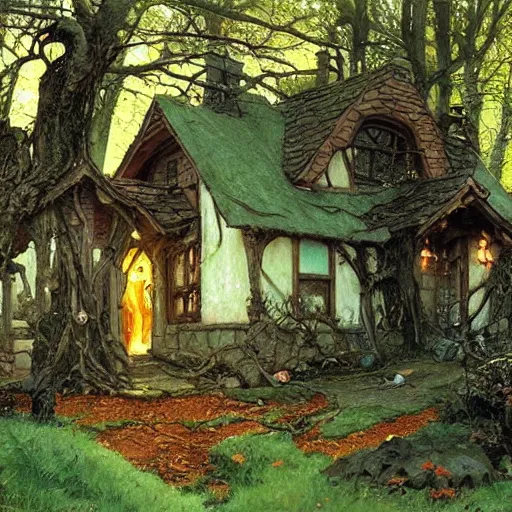 Image similar to witch cottage in the forest, art by norman rockwell and donato giancola and greg rutkowski