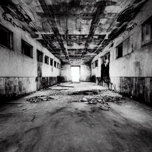 Prompt: terrifying ghosts in abandoned prison, security camera, black and white, real