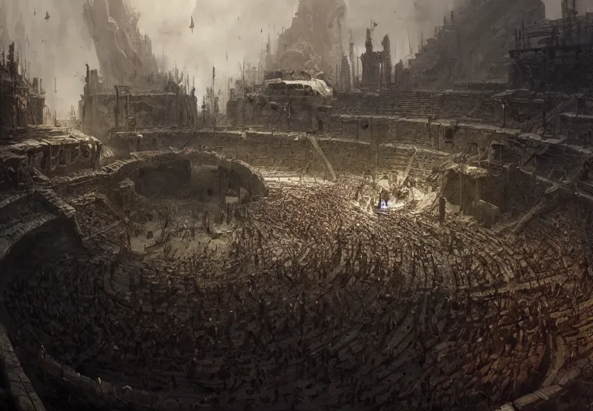 Image similar to ancient arena, surrounded by gladiators, gritty, beksinski, wayne barlowe, ruan jia, dark soul concept art, the hobbit concept art