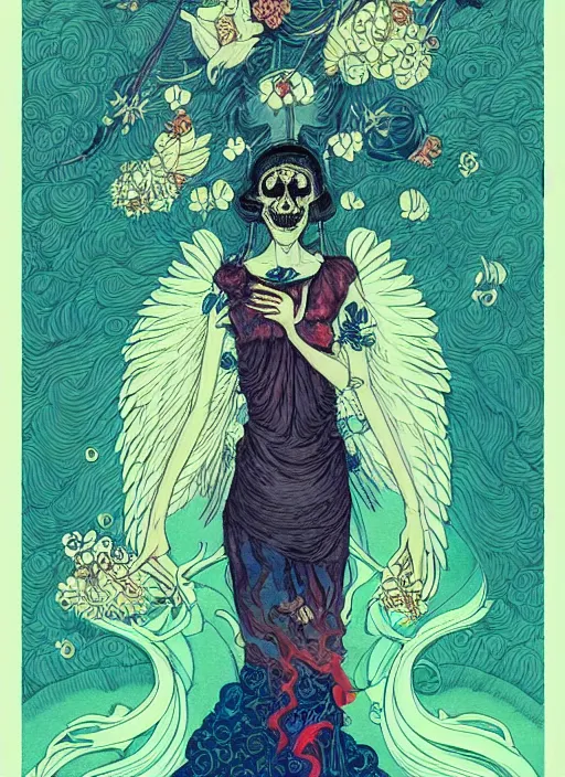 Image similar to beautiful tarot illustration of death, in the style of james jean and victo ngai, mystical colors, trending on artstation