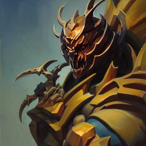 Image similar to Greg Manchess portrait painting of a demonic, devil armored character from league of legends, medium shot, asymmetrical, profile picture, Organic Painting, sunny day, Matte Painting, bold shapes, hard edges, street art, trending on artstation, by Huang Guangjian and Gil Elvgren and Sachin Teng