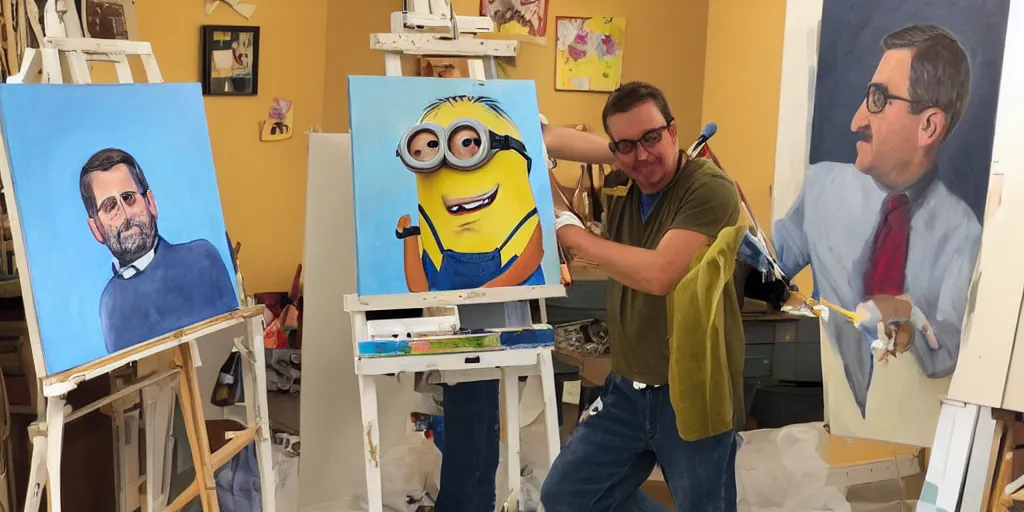 Prompt: stuart, the one eyed minion, stands at his easel, painting a portrait of a steve carell