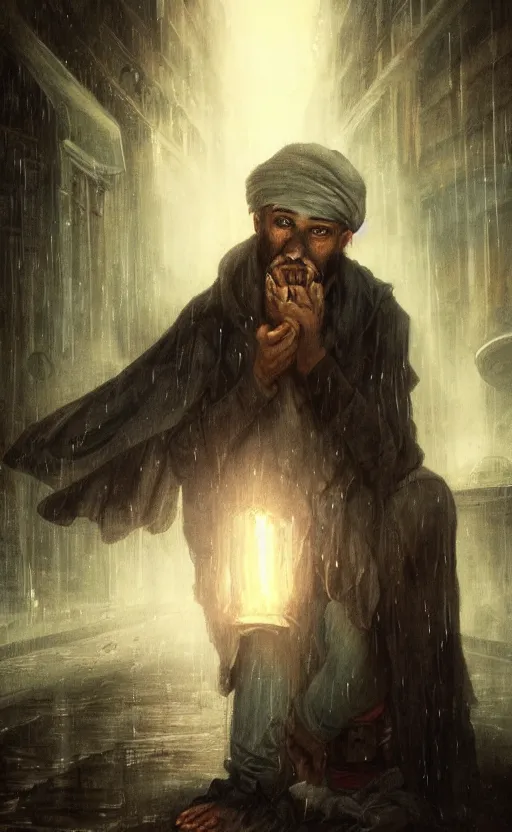 Prompt: Homeless man with divine glowing eyes begging for money in a raining dark city alley by by Charlie Bowater and Pierre Auguste Cot