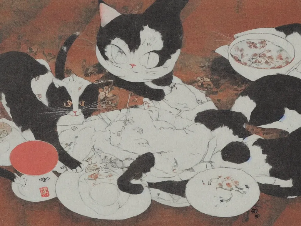 Image similar to cat breaking the china. Painting by Tsuguharu Fujita