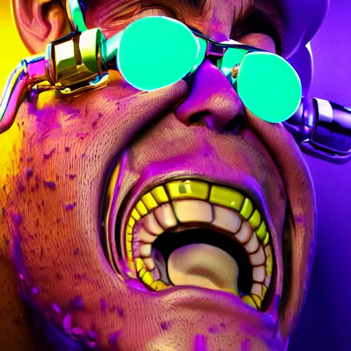 Prompt: screaming cowboy wall street trader face is melting with dollar signs in eyes, performance enhancing, liquified, nootropic stimulated, chrome reflections, black ink, glue dropping, snake oil skin, lit by one neon light from the top, rim lights purple and green, hyper bullish, octane render, cgsociety, autodesk, behance, kiki picasso style