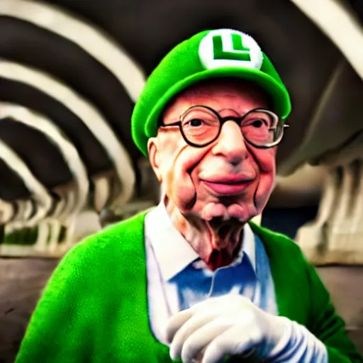 Image similar to uhd candid photo of hyperdetailed klaus schwab dressed as luigi. correct face, cinematic lighting, photo by annie leibowitz, and steve mccurry.