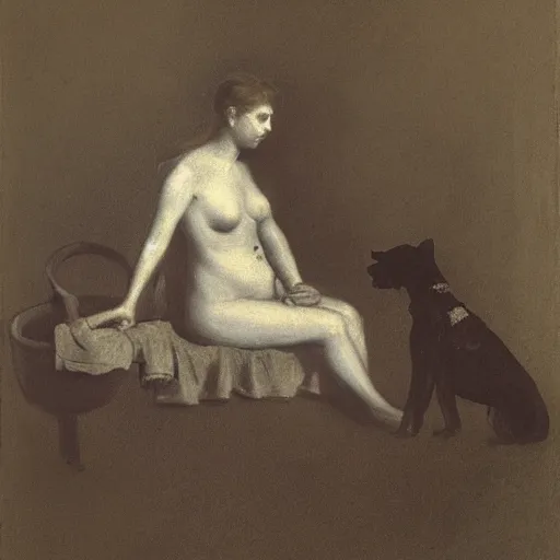 Image similar to young lady being scared by an undead dog while in the bath by alfred stevens in charcoal