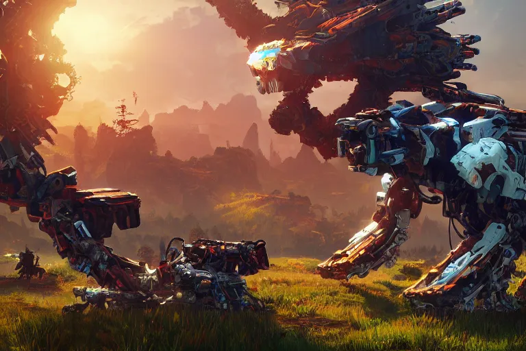 Image similar to grazer machine mecanical creature robot of horizon forbidden west horizon zero dawn radiating a glowing aura global illumination ray tracing hdr fanart arstation by ian pesty and alena aenami artworks in 4 k