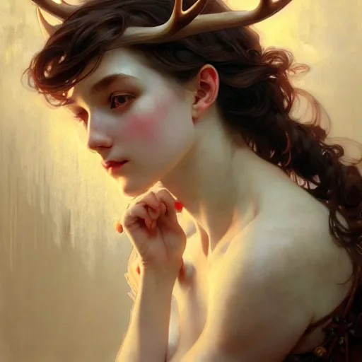 Image similar to A portrait of a girl with large antlers, face, fantasy, intricate, elegant, highly detailed, digital painting, artstation, concept art, smooth, sharp focus, illustration, art by Krenz Cushart and Artem Demura and alphonse mucha