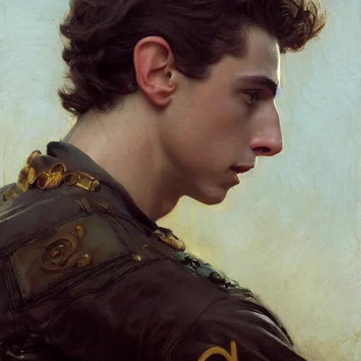 Image similar to detailed realistic cinematic wide shot of beautiful attractive muscular timothee chalamet with beard white hair gold chain wearing military general clothes slim face symettrical face clean skin black eyes black robe smooth, sharp focus, ultra realistic, spring light, painting by gaston bussiere, craig mullins, j. c. leyendecker