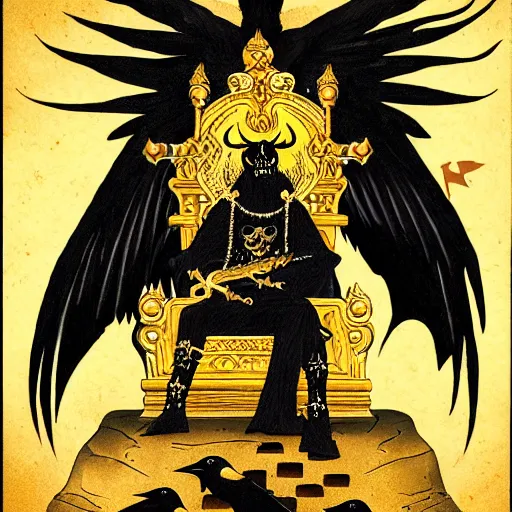 Image similar to demon sitting in his throne holding a golden sword with ravens flying around
