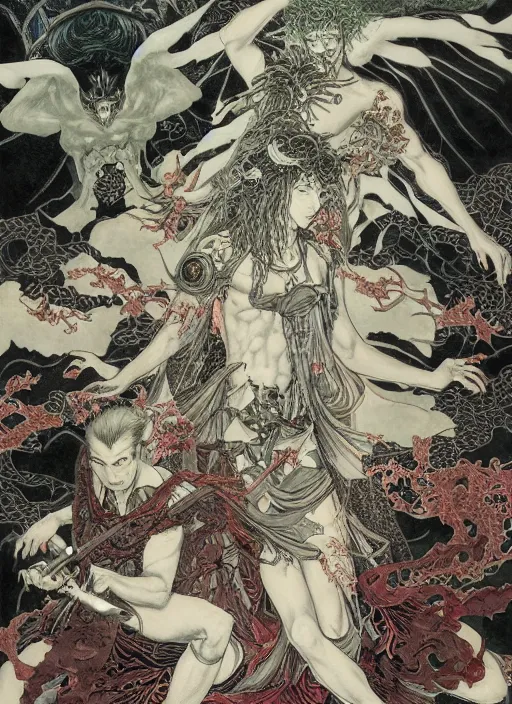 Image similar to battle between good and evil , battle between angels and demons, by and Austin Osman Spare and Takato Yamamoto and Yoshitaka Amano, high resolution, ultra detailed