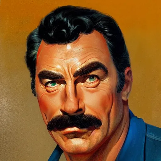 Image similar to ultra realistic portrait painting of tom selleck as superman, art by frank frazetta, 4 k, ultra realistic, highly detailed, epic lighting