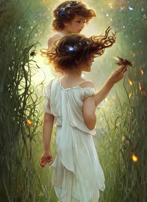 Image similar to A cute little girl with shoulder length curly brown hair with a happy expression wearing a summer dress dancing with fireflies, she is in the distance. beautiful fantasy art by By Artgerm and Greg Rutkowski and Alphonse Mucha, trending on artstation.