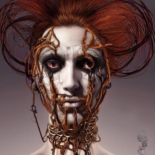 Image similar to portrait of a Shibari rope wrapped face and neck, headshot, insanely nice professional hair style, dramatic hair color, digital painting, of a old 17th century, old cyborg merchant, mouth wired shut, amber jewels, baroque, ornate clothing, scifi, realistic, hyperdetailed, chiaroscuro, concept art, art by Franz Hals and Jon Foster and Ayami Kojima and Amano and Karol Bak,