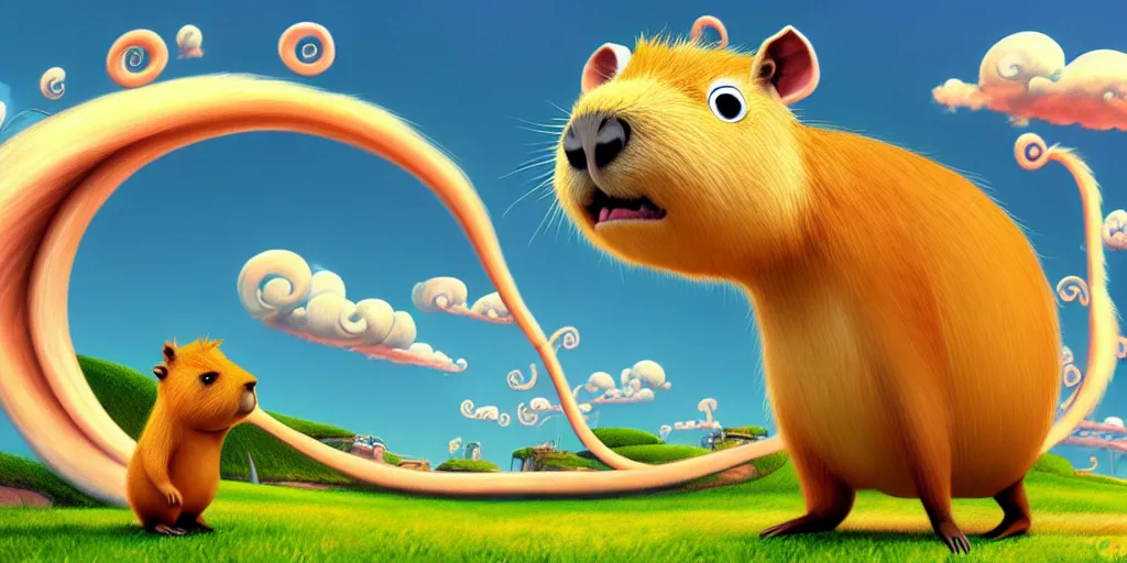 Image similar to cartoon concept art, capybara character, spiral clouds, from lorax movie