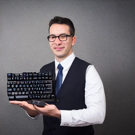 Image similar to Professional portrait photo of a man holding a mechanical keyboard, studio quality lighting