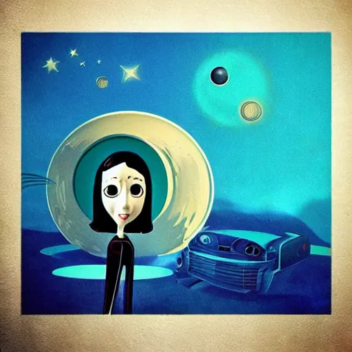 Image similar to “1950s art deco of the movie ‘Coraline’ under planets and stars in the background, retro poster, teal palette.”