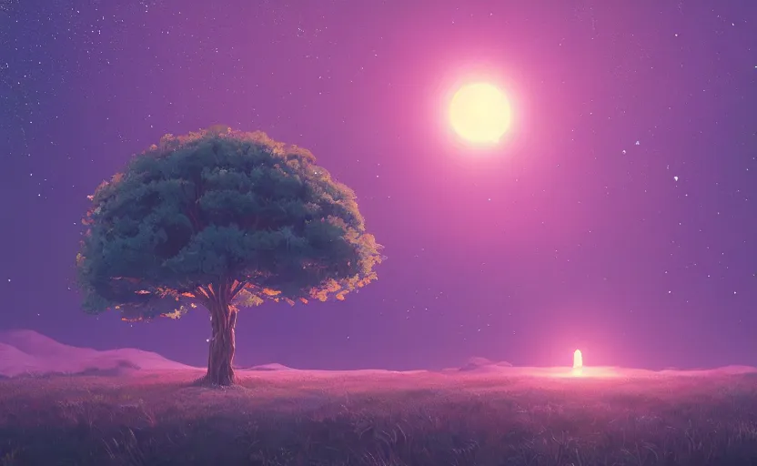 Image similar to A starry landscape with a giant thin tree, Low level, rendered by Beeple, Makoto Shinkai, syd meade, simon stålenhag, environment concept, synthwave style, digital art, unreal engine, WLOP, trending on artstation, 4K UHD image, octane render,