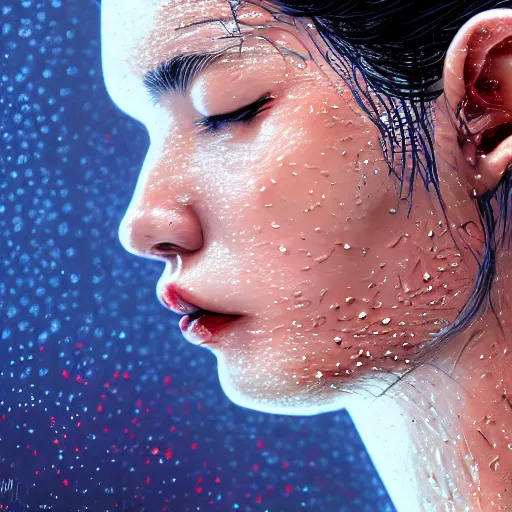 Image similar to closeup of sweating forehead with sweat on it, big drops of sweat, big beads of sweat, sweat drops, airbrush painting, forehead only, by Hajime Sorayama, trending on artstation, beautiful lighting, sharp, details, hyper-detailed, HD, HDR, 4K, 8K