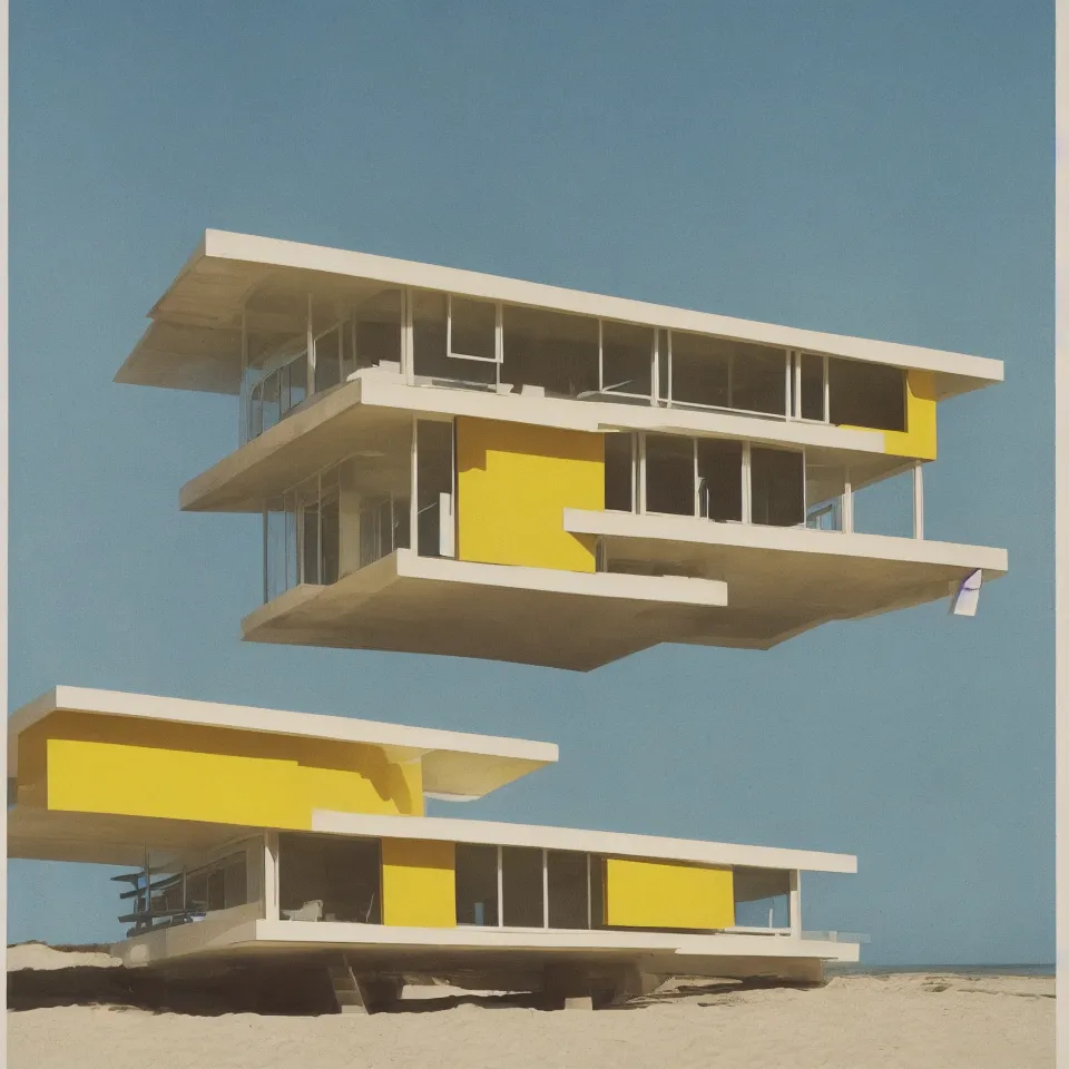 Image similar to architecture ad for a mid-century modern house on the beach, designed by Norman Foster. Film grain, cinematic, yellow hue