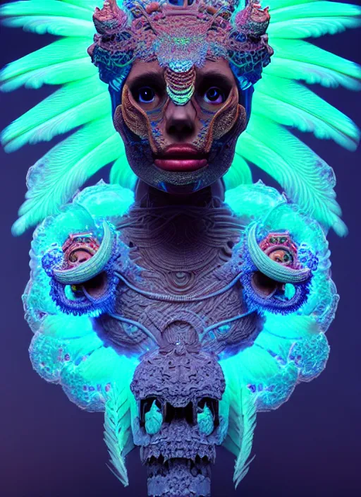 Prompt: 3 d goddess portrait, 8 k micro details global illumiantion beautiful intricate highly detailed quetzalcoatl skull and feathers. bioluminescent, plasma, lava, ice, water, wind, creature, thunderstorm! artwork by tooth wu and wlop and beeple and greg rutkowski, trending on artstation,